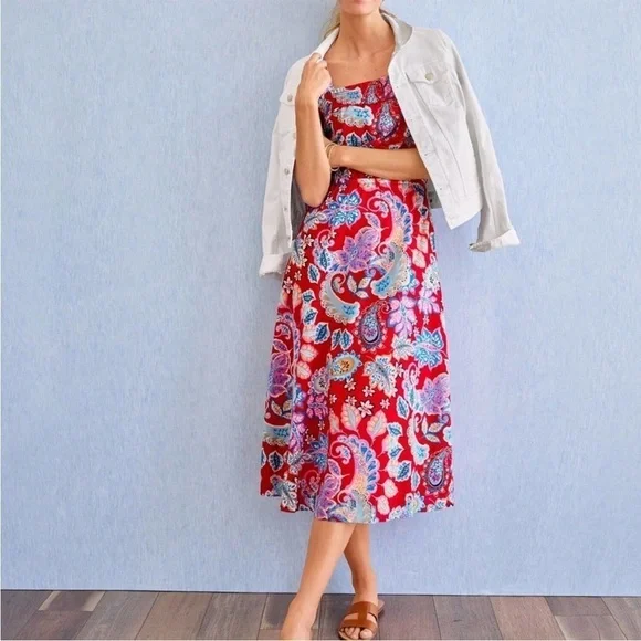 NWT Talbots Midi Flare Cotton Sun Dress Fantastic Paisley Red Pepper Square Smoc